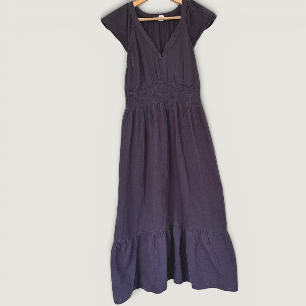 Smocked Waist Dress V Neck Navy Short Sleeve Midi Gauze Peasant Cottagecore Smll
